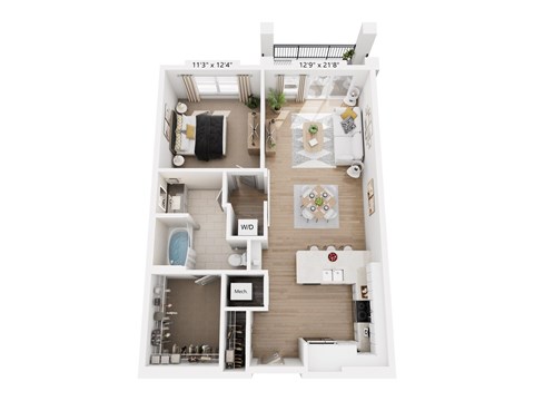Floor plan for 1 bed, 1 bath, 785 sqft
